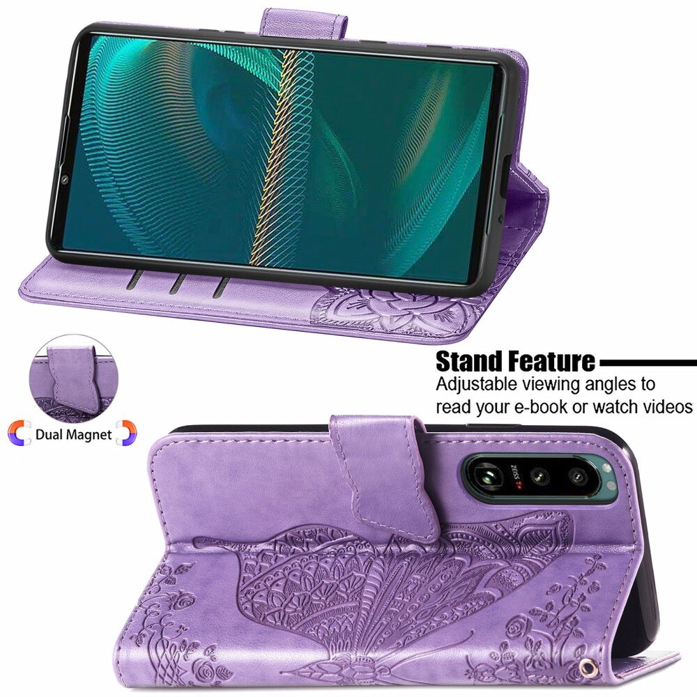 Étui en cuir à papillons pour Sony Xperia 5 III, violet