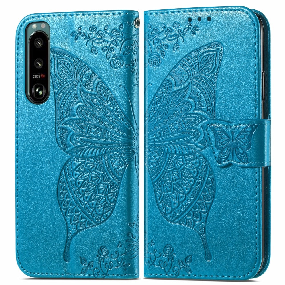 Étui en cuir à papillons pour Sony Xperia 5 III, Bleu