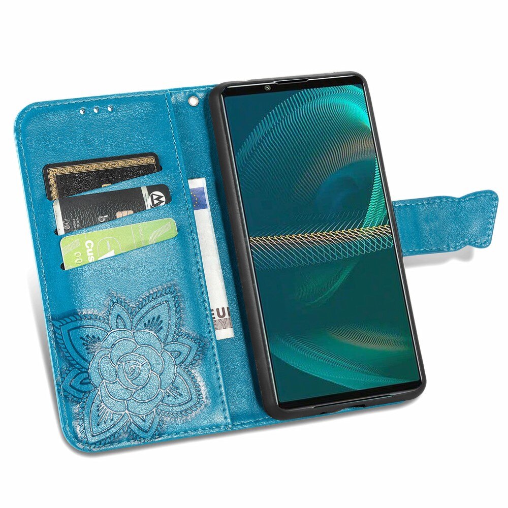 Étui en cuir à papillons pour Sony Xperia 5 III, Bleu