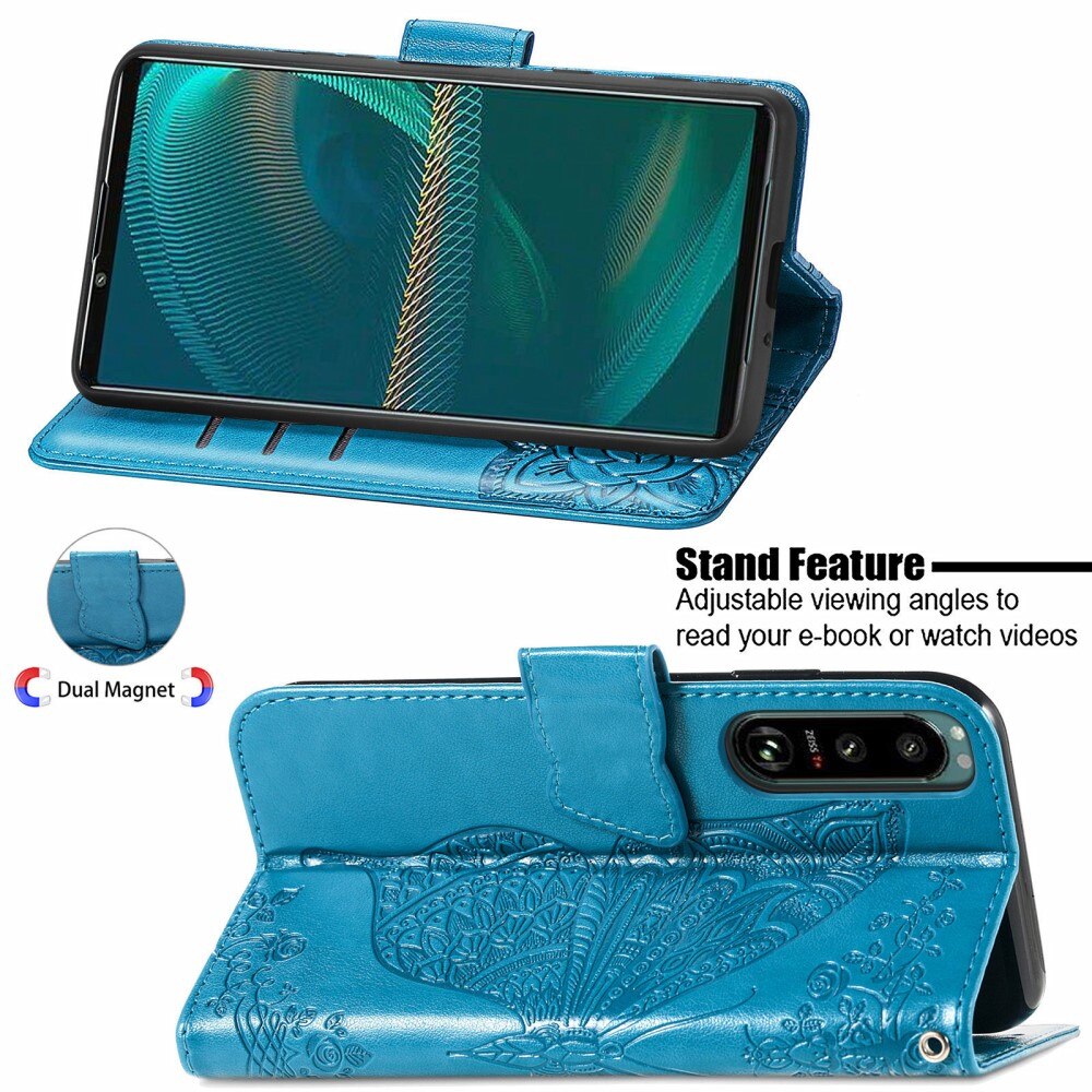 Étui en cuir à papillons pour Sony Xperia 5 III, Bleu
