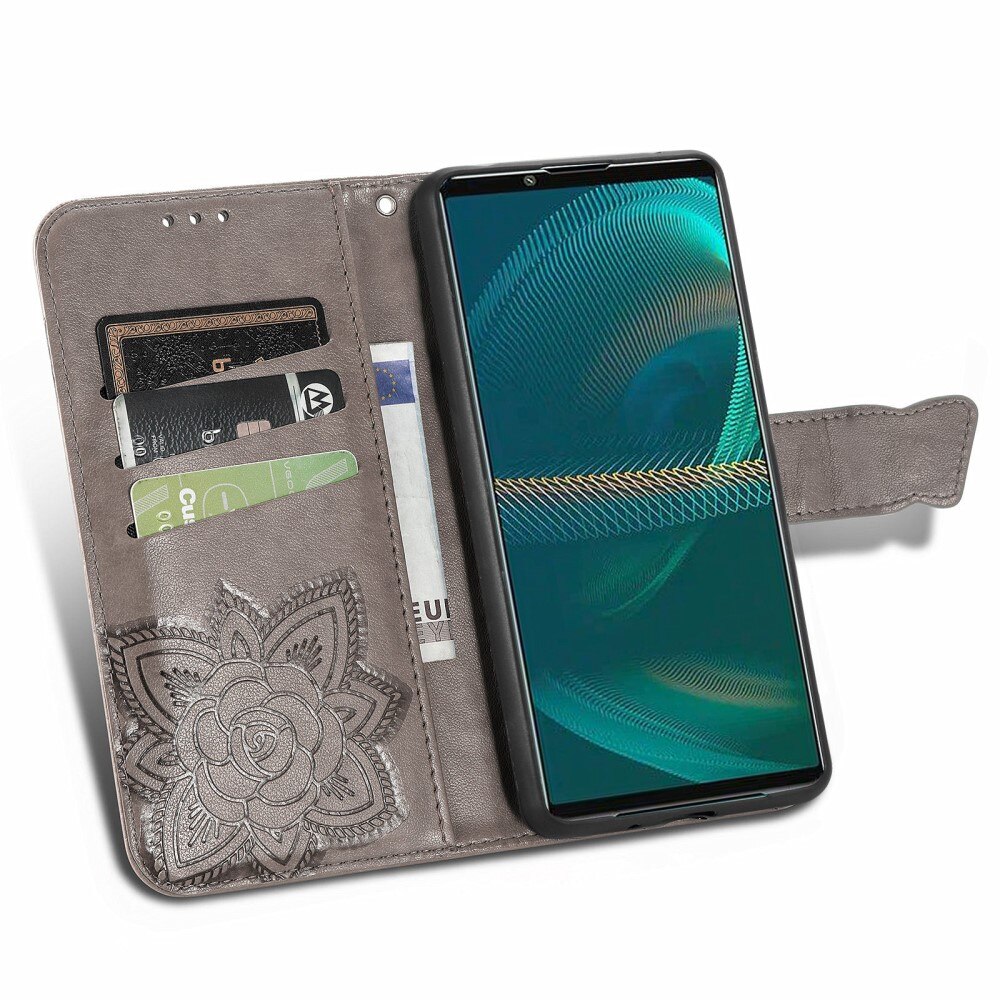 Étui en cuir à papillons pour Sony Xperia 5 III, Gris