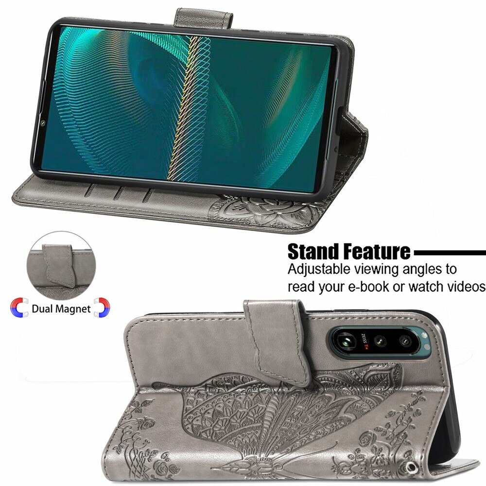 Étui en cuir à papillons pour Sony Xperia 5 III, Gris