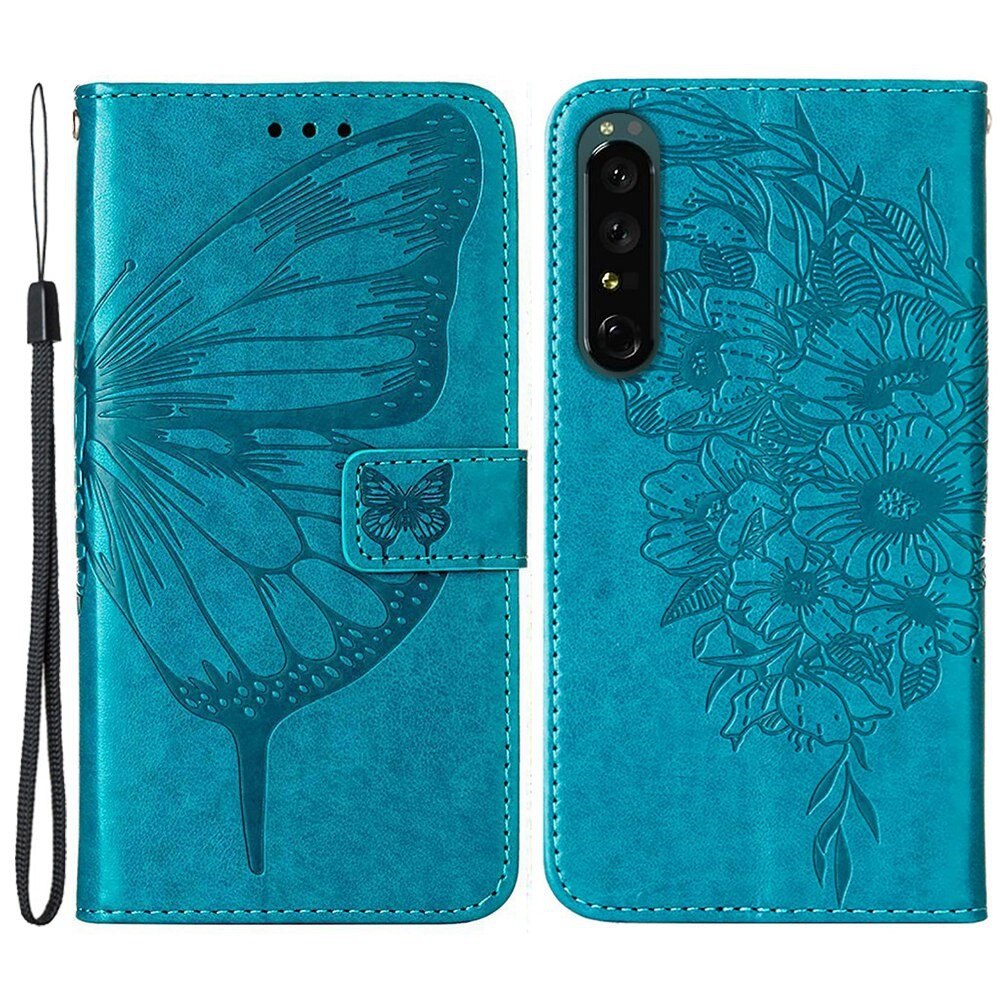 Étui en cuir à papillons pour Sony Xperia 1 IV, Bleu