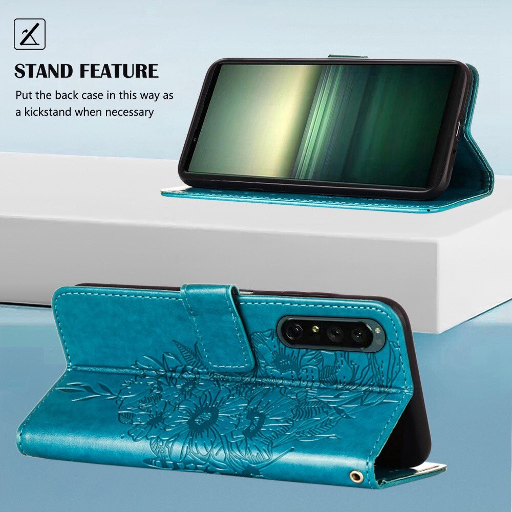 Étui en cuir à papillons pour Sony Xperia 1 IV, Bleu