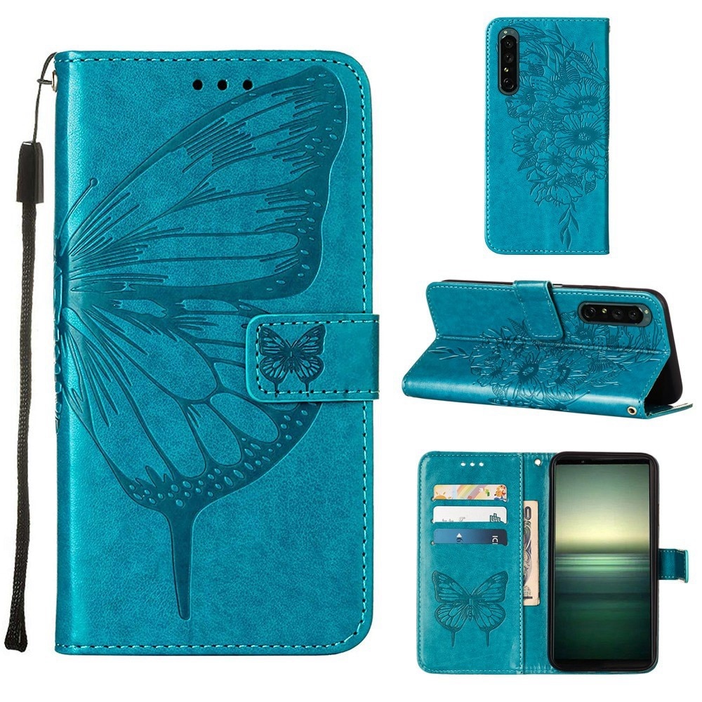 Étui en cuir à papillons pour Sony Xperia 1 IV, bleu