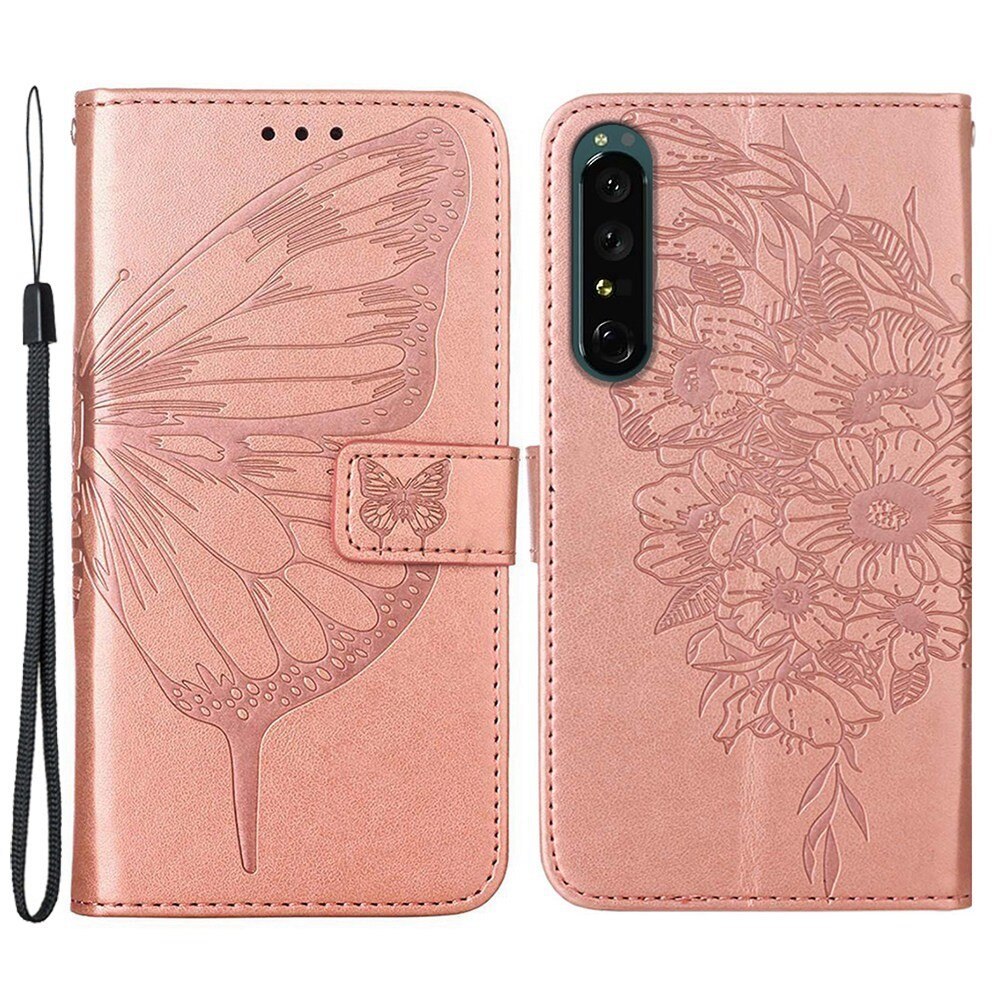 Étui en cuir à papillons pour Sony Xperia 1 IV, Or rose