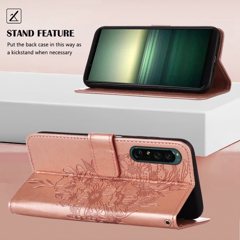 Étui en cuir à papillons pour Sony Xperia 1 IV, Or rose
