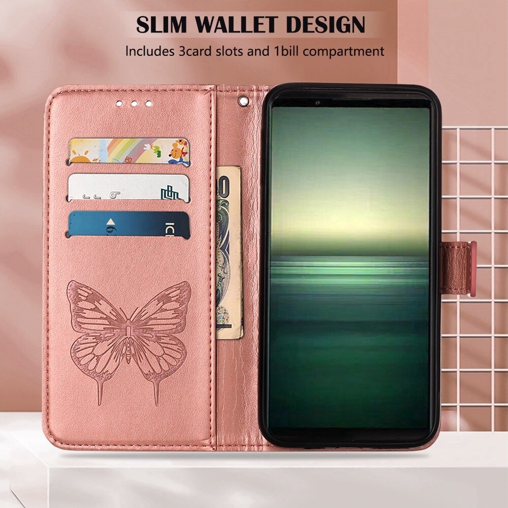 Étui en cuir à papillons pour Sony Xperia 1 IV, Or rose