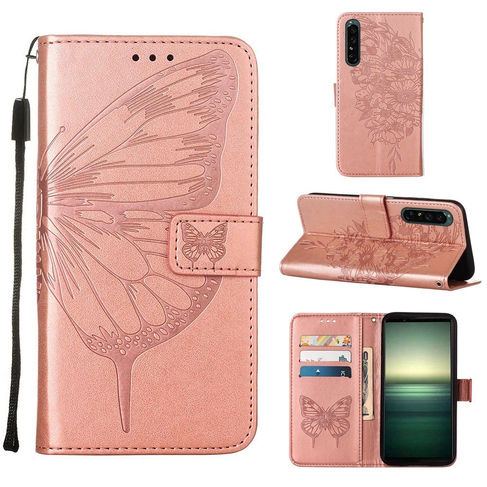 Étui en cuir à papillons pour Sony Xperia 1 IV, Or rose