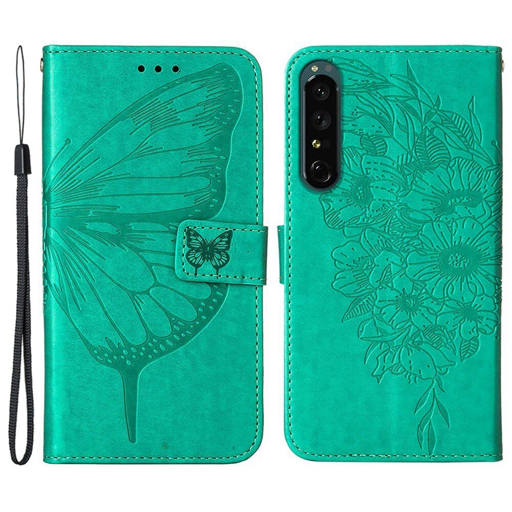 Étui en cuir à papillons pour Sony Xperia 1 IV, Vert