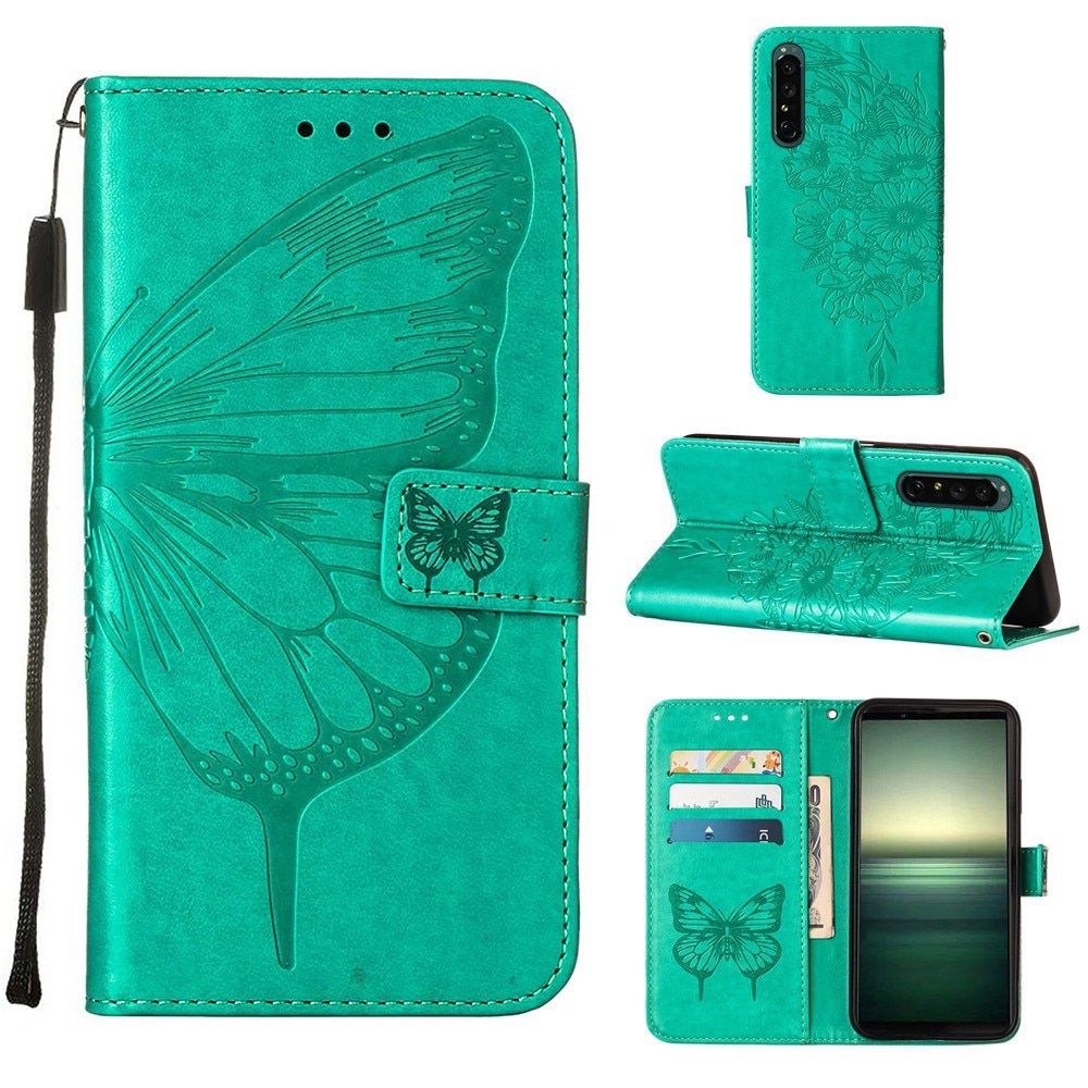 Étui en cuir à papillons pour Sony Xperia 1 IV, vert