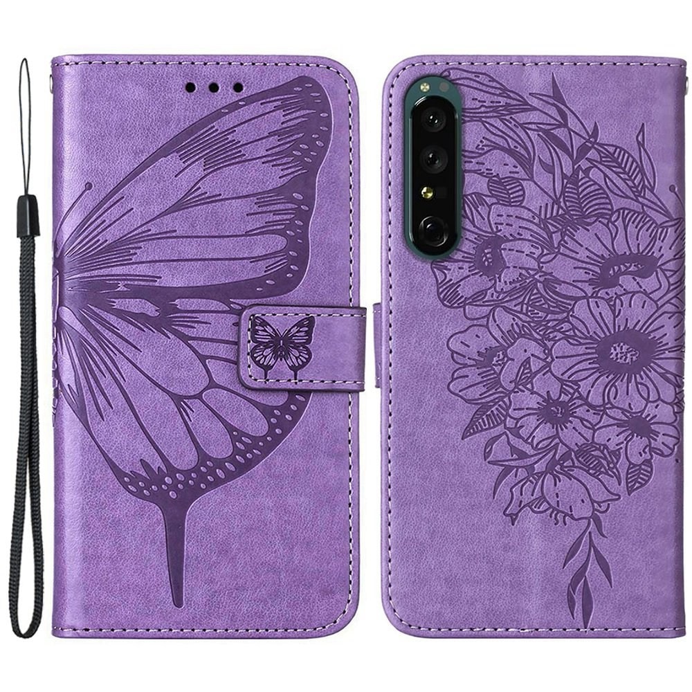 Étui en cuir à papillons pour Sony Xperia 1 IV, violet