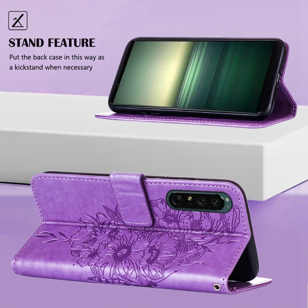 Étui en cuir à papillons pour Sony Xperia 1 IV, Violet