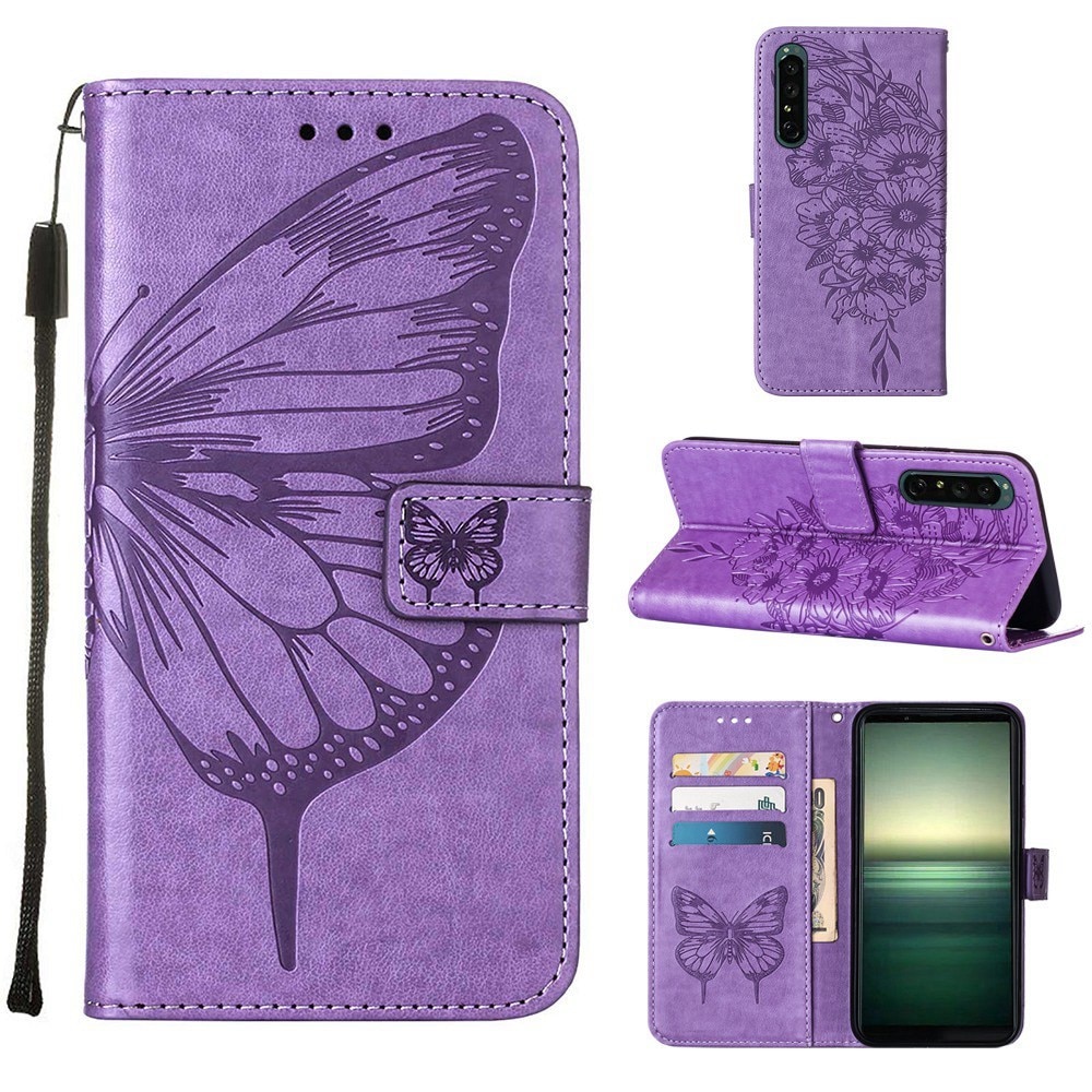 Étui en cuir à papillons pour Sony Xperia 1 IV, violet