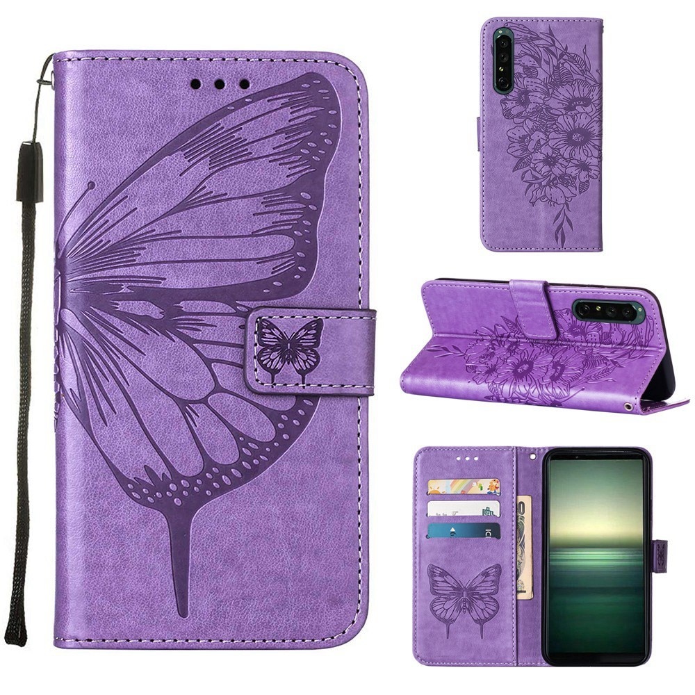 Étui en cuir à papillons pour Sony Xperia 1 IV, Violet