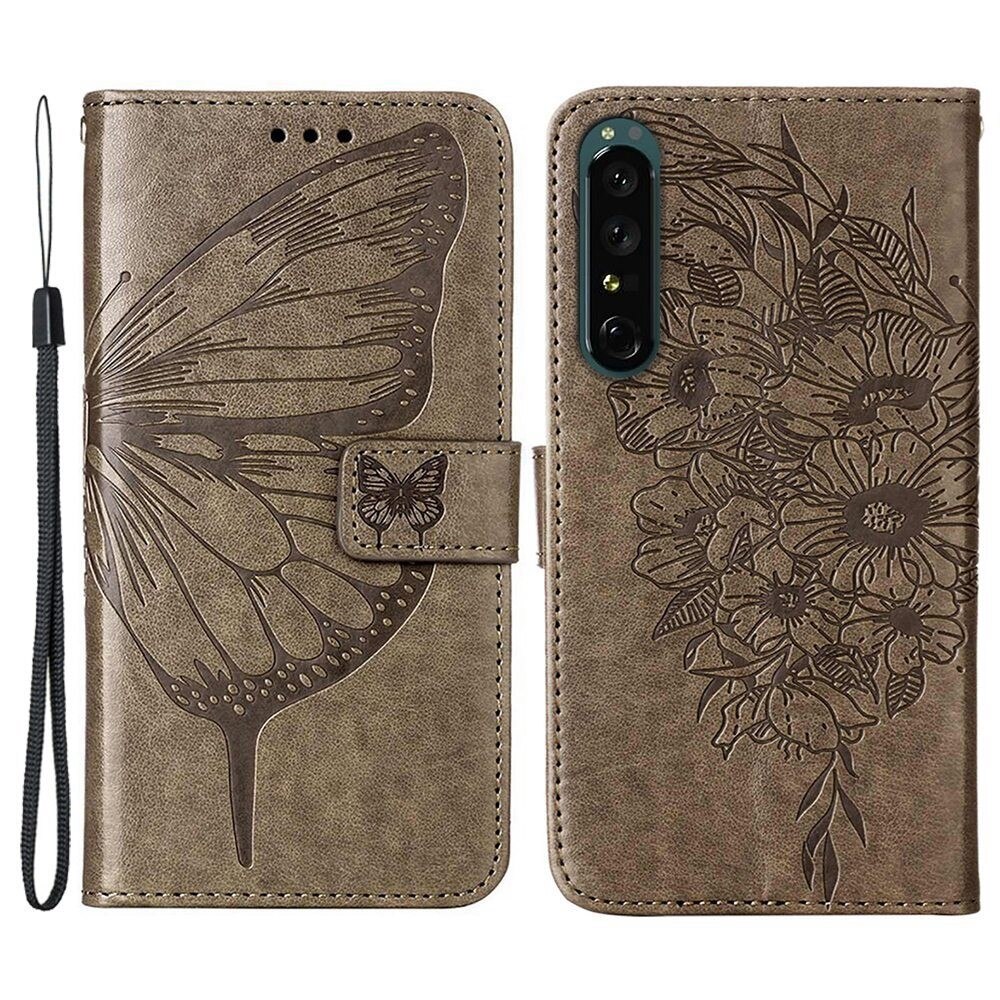 Étui en cuir à papillons pour Sony Xperia 1 IV, Gris
