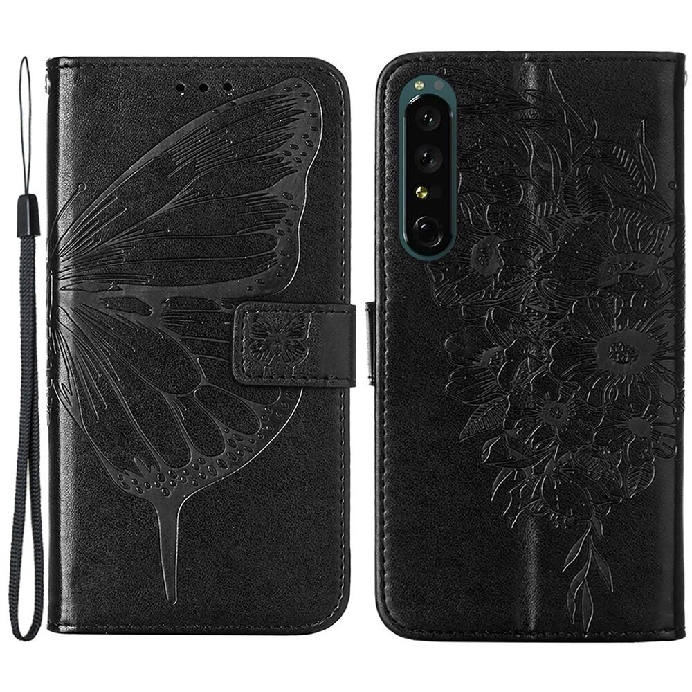 Étui en cuir à papillons pour Sony Xperia 1 IV, Noir