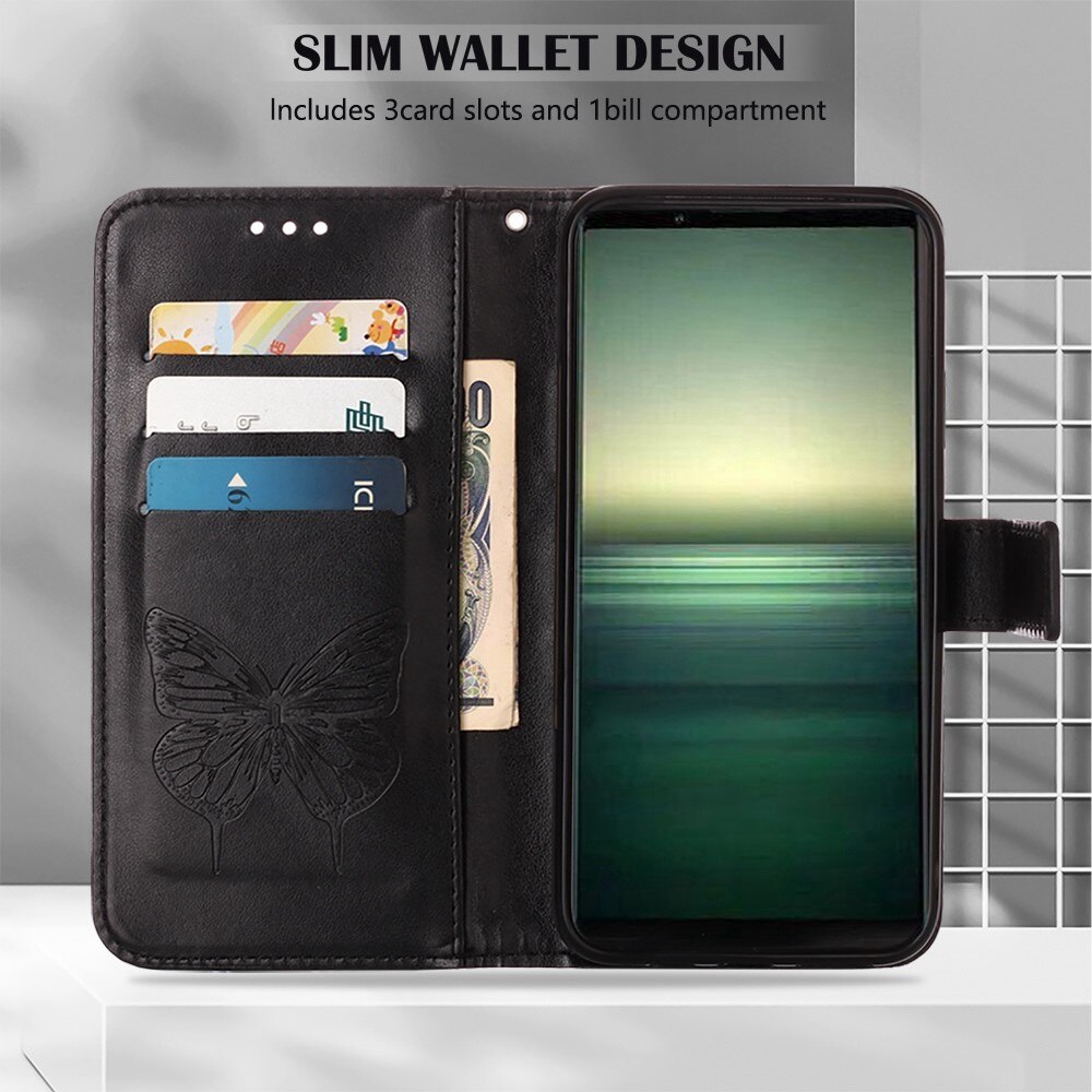 Étui en cuir à papillons pour Sony Xperia 1 IV, Noir