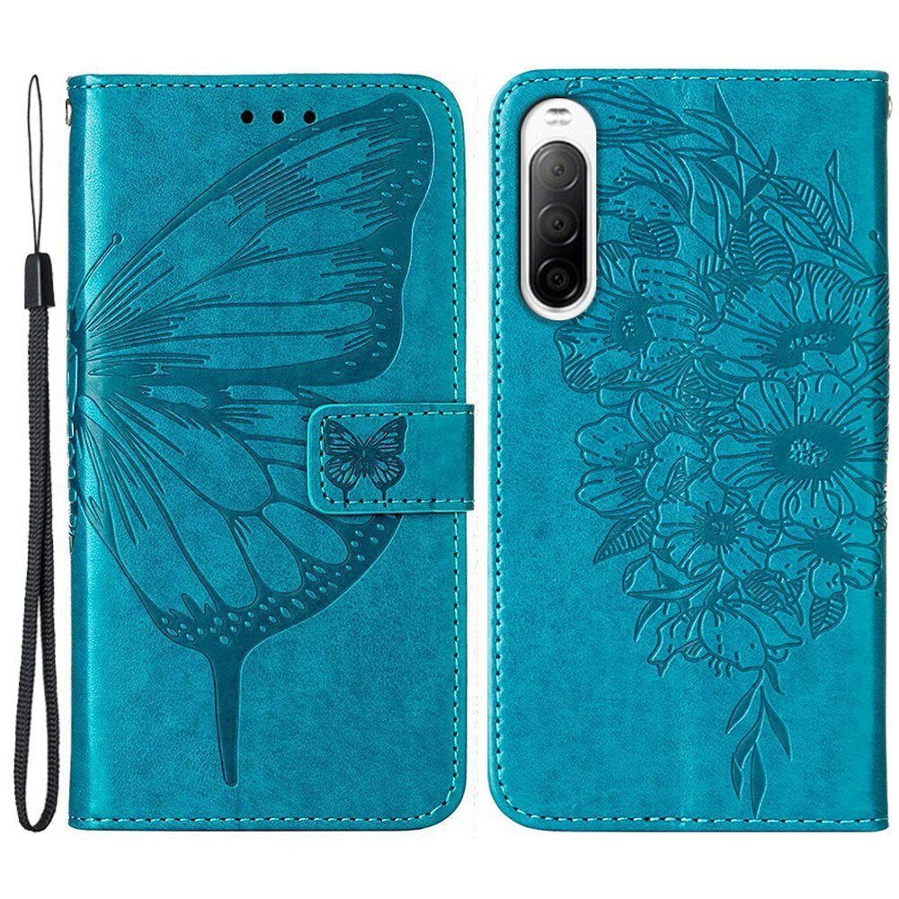 Étui en cuir à papillons pour Sony Xperia 10 IV, Bleu