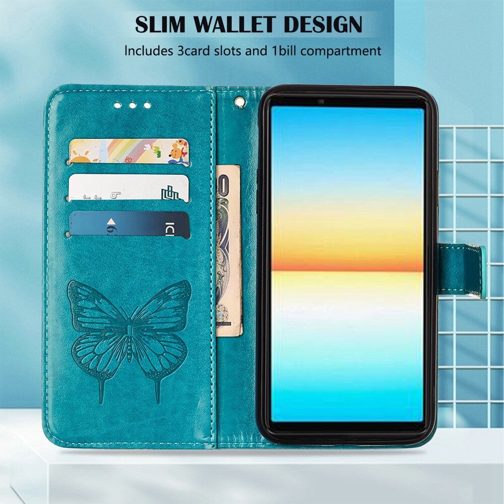 Étui en cuir à papillons pour Sony Xperia 10 IV, Bleu