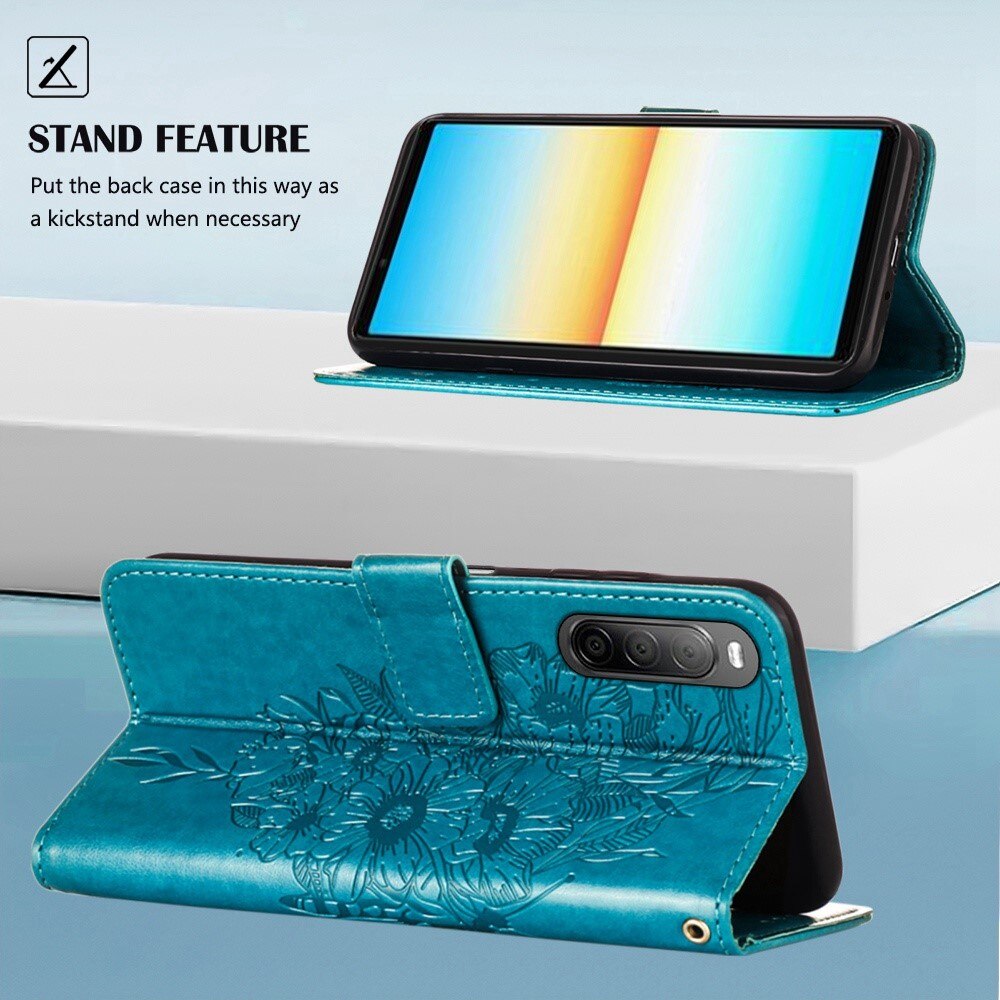 Étui en cuir à papillons pour Sony Xperia 10 IV, Bleu