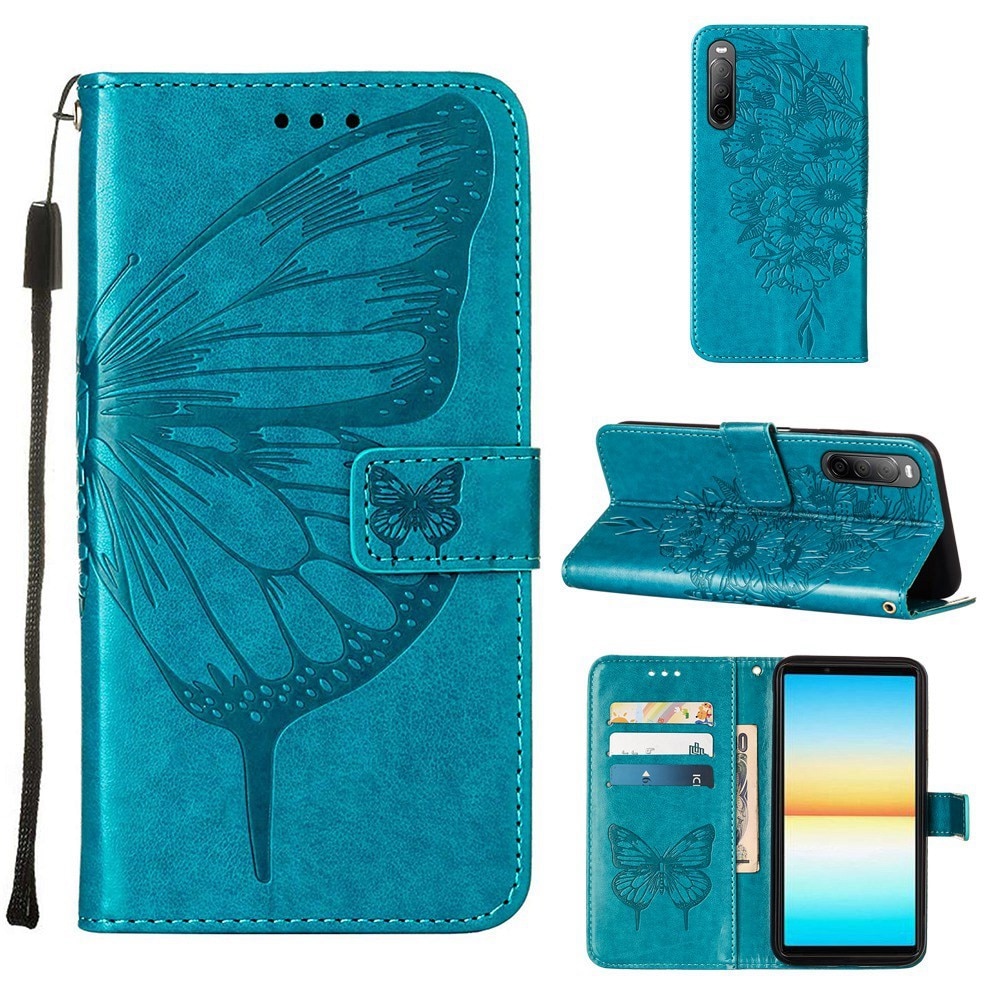 Étui en cuir à papillons pour Sony Xperia 10 IV, bleu