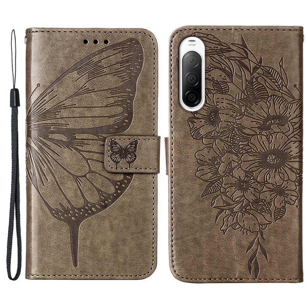 Étui en cuir à papillons pour Sony Xperia 10 IV, Gris