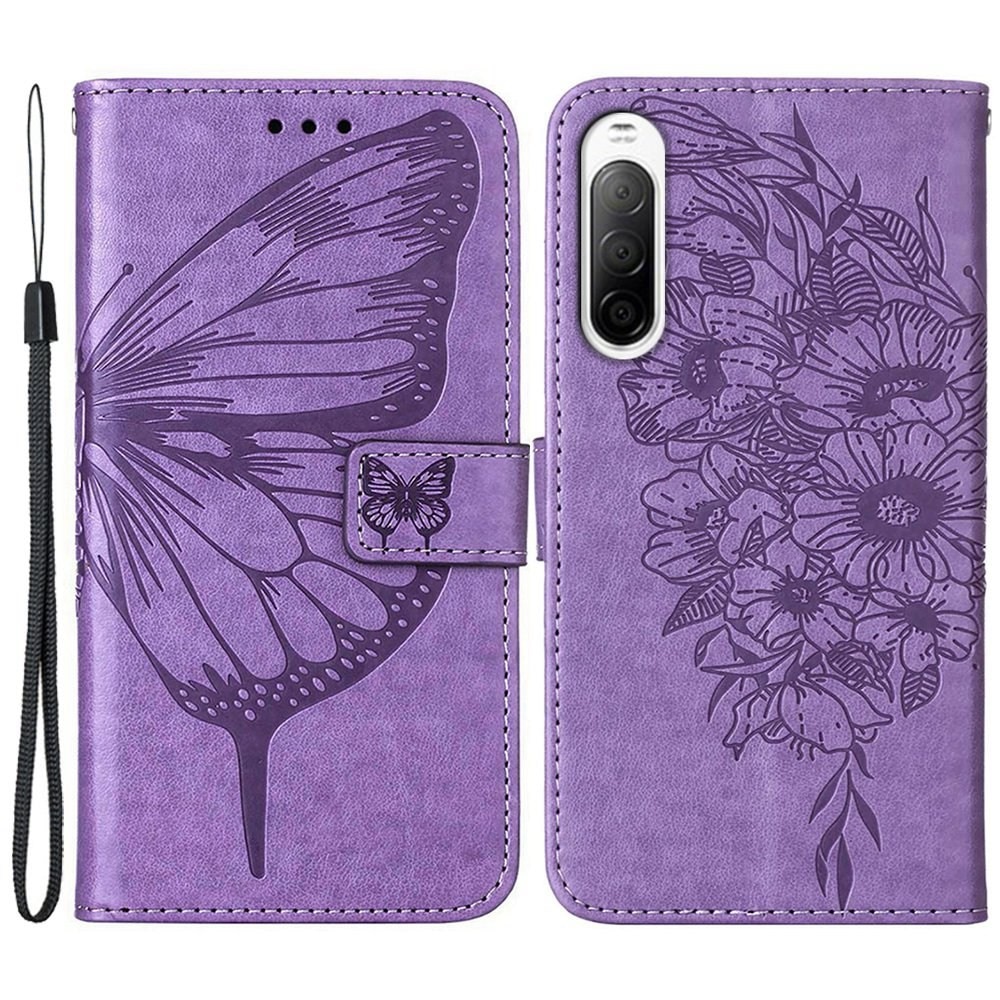 Étui en cuir à papillons pour Sony Xperia 10 IV, violet