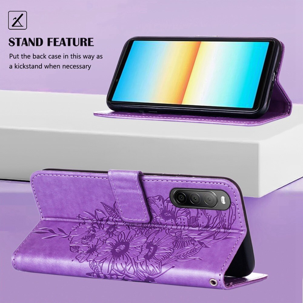 Étui en cuir à papillons pour Sony Xperia 10 IV, Violet