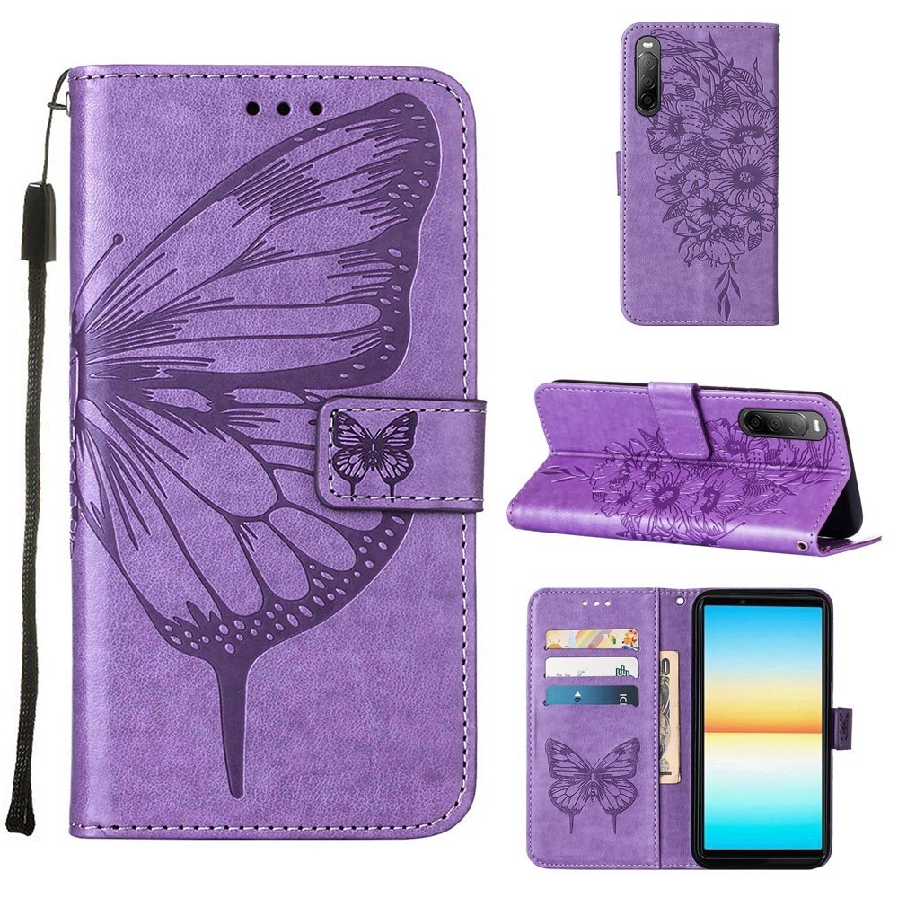 Étui en cuir à papillons pour Sony Xperia 10 IV, violet