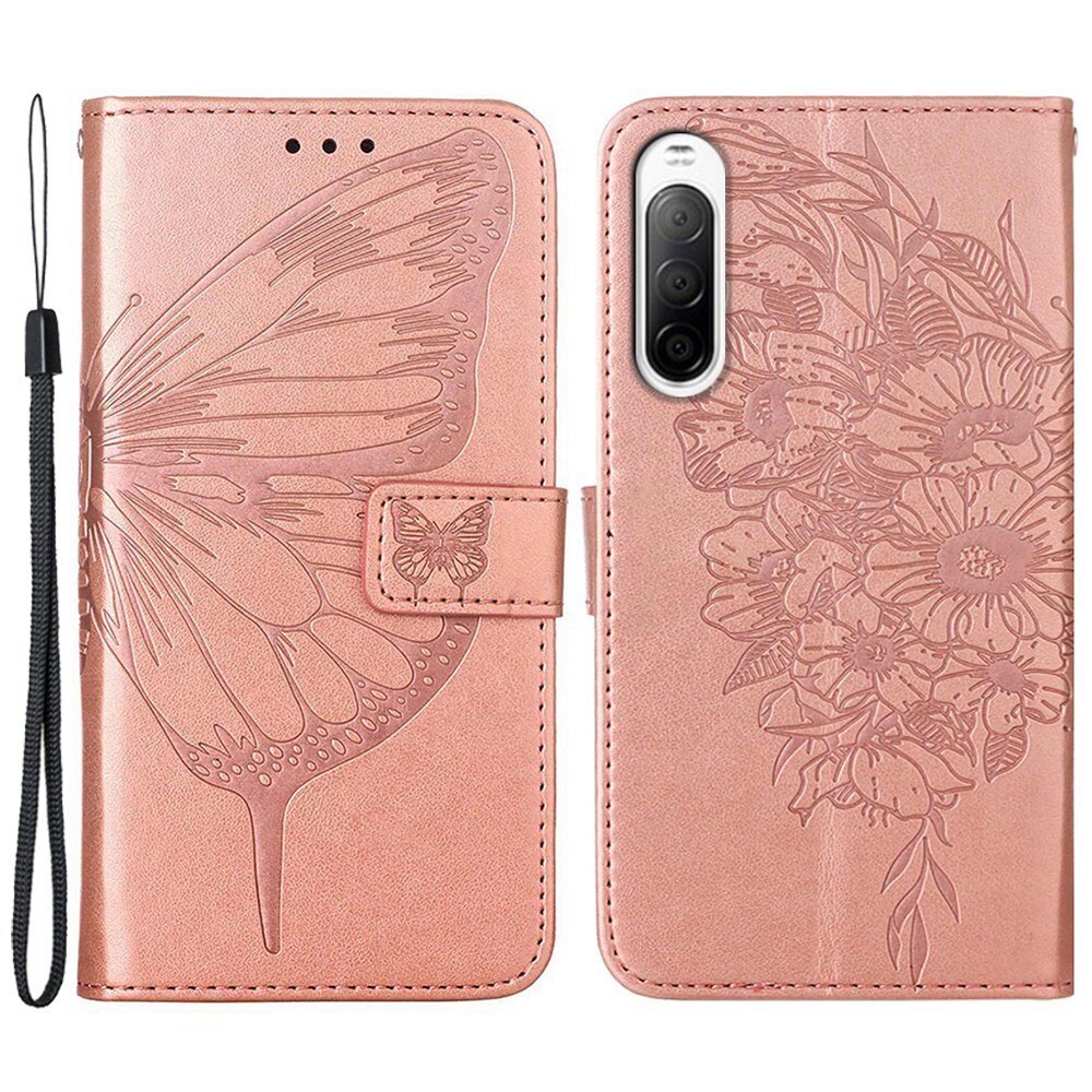 Étui en cuir à papillons pour Sony Xperia 10 IV, Or rose