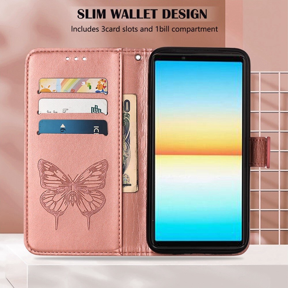 Étui en cuir à papillons pour Sony Xperia 10 IV, Or rose