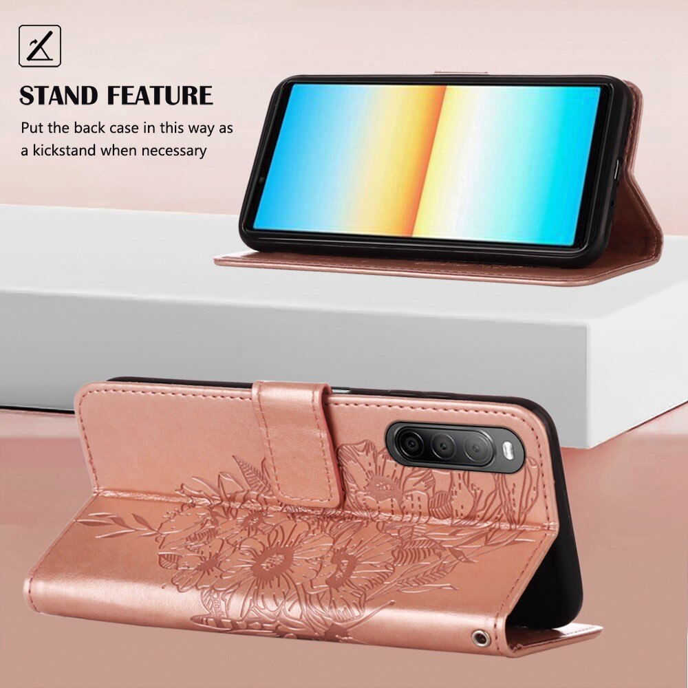 Étui en cuir à papillons pour Sony Xperia 10 IV, Or rose