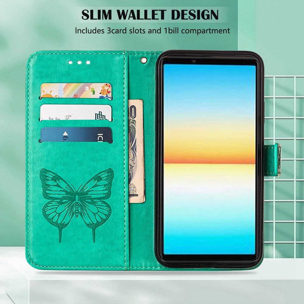 Étui en cuir à papillons pour Sony Xperia 10 IV, Vert