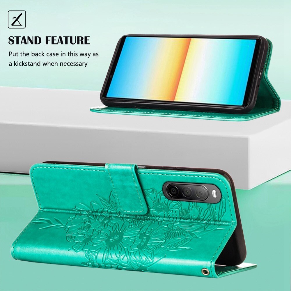 Étui en cuir à papillons pour Sony Xperia 10 IV, Vert
