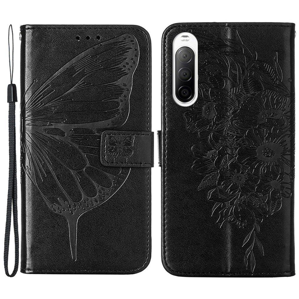 Étui en cuir à papillons pour Sony Xperia 10 IV, Noir