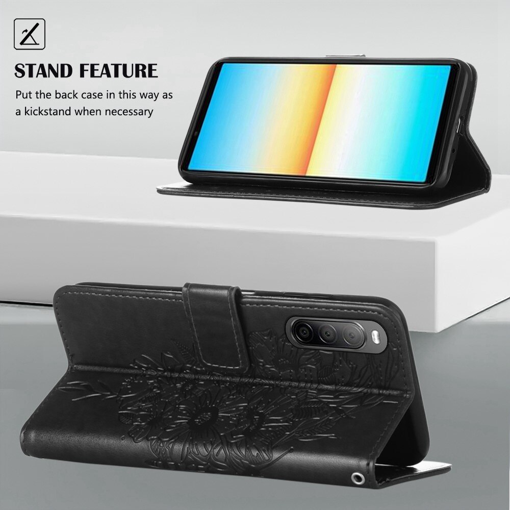 Étui en cuir à papillons pour Sony Xperia 10 IV, Noir