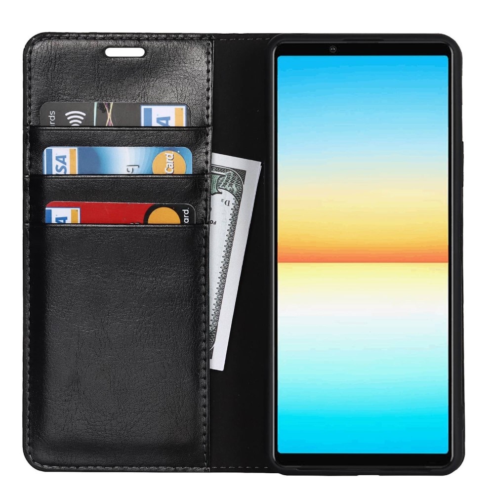 Coque portefeuille en cuir Veritable Sony Xperia 10 IV, Noir