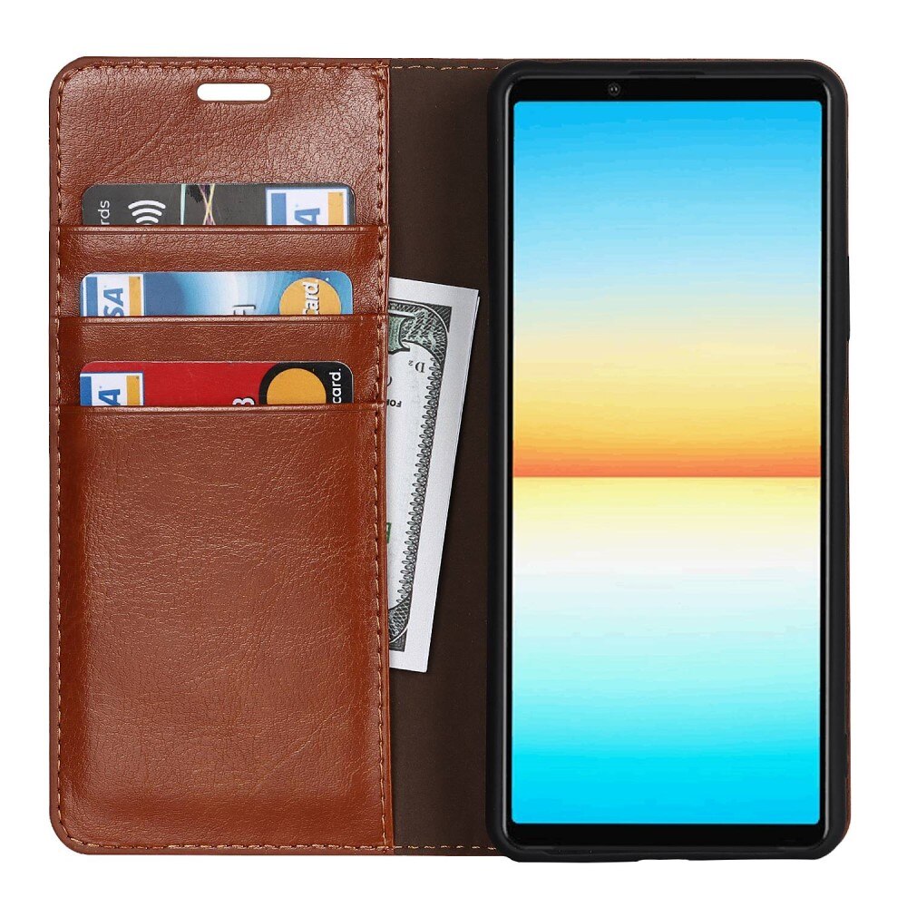 Coque portefeuille en cuir Veritable Sony Xperia 10 IV, marron