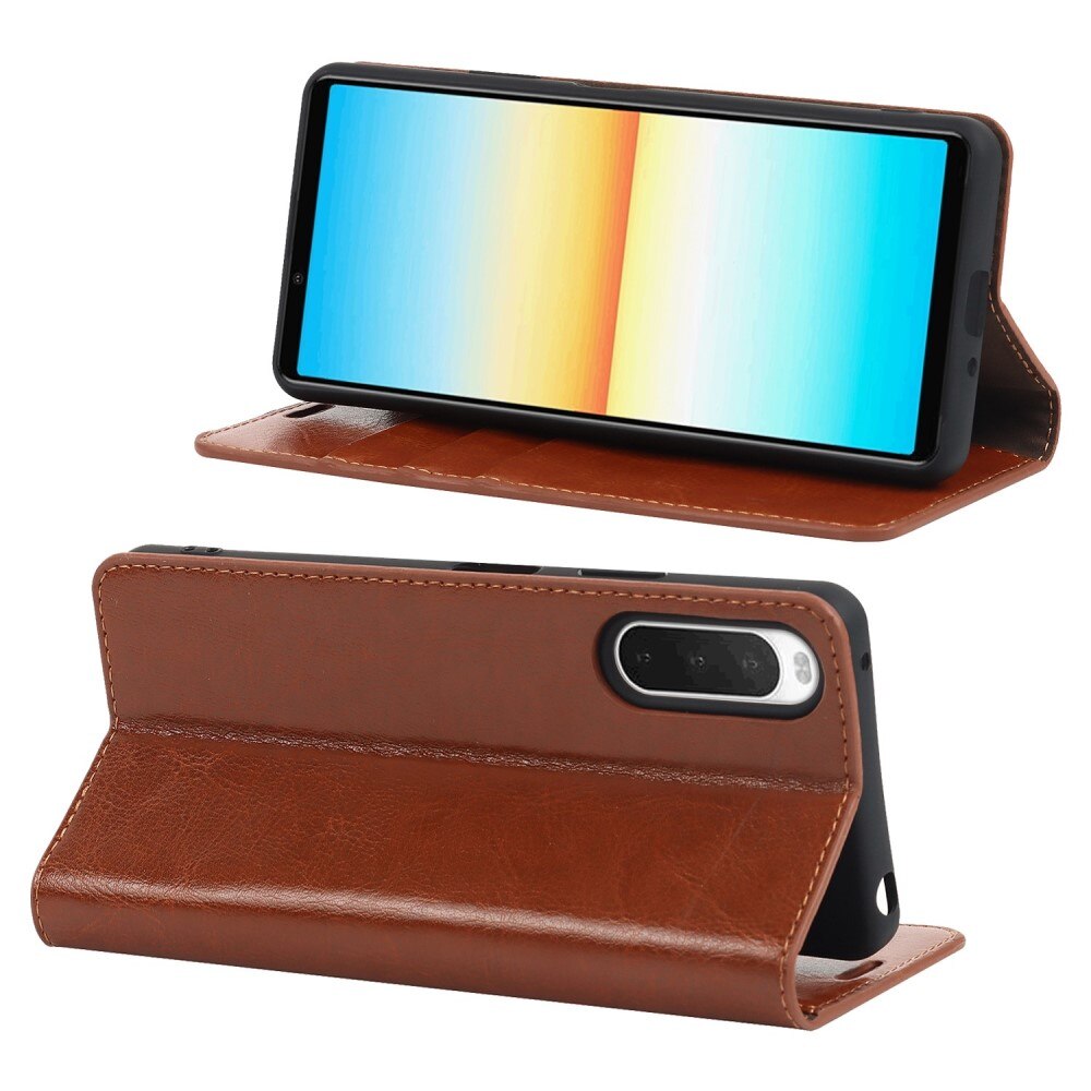 Coque portefeuille en cuir Veritable Sony Xperia 10 IV, marron