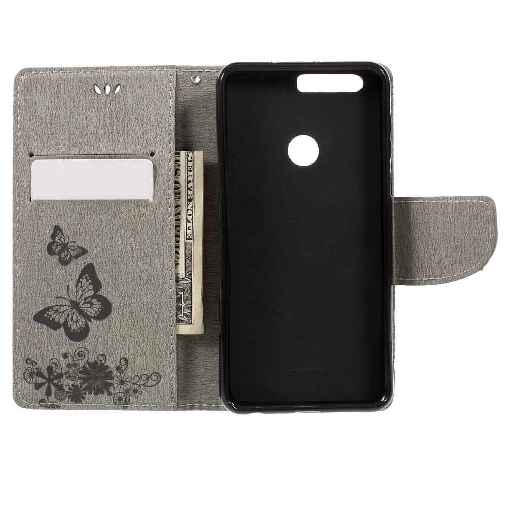 Étui en cuir à papillons pour Huawei Honor 8, Gris
