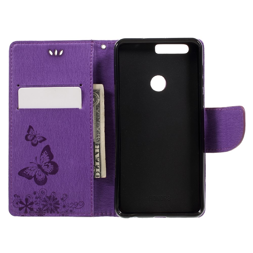 Étui en cuir à papillons pour Huawei Honor 8, Violet
