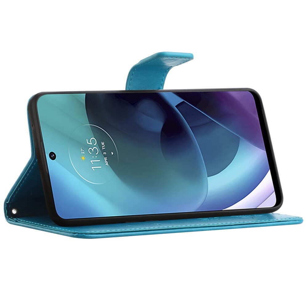 Étui en cuir à papillons pour Motorola Moto G51, Bleu