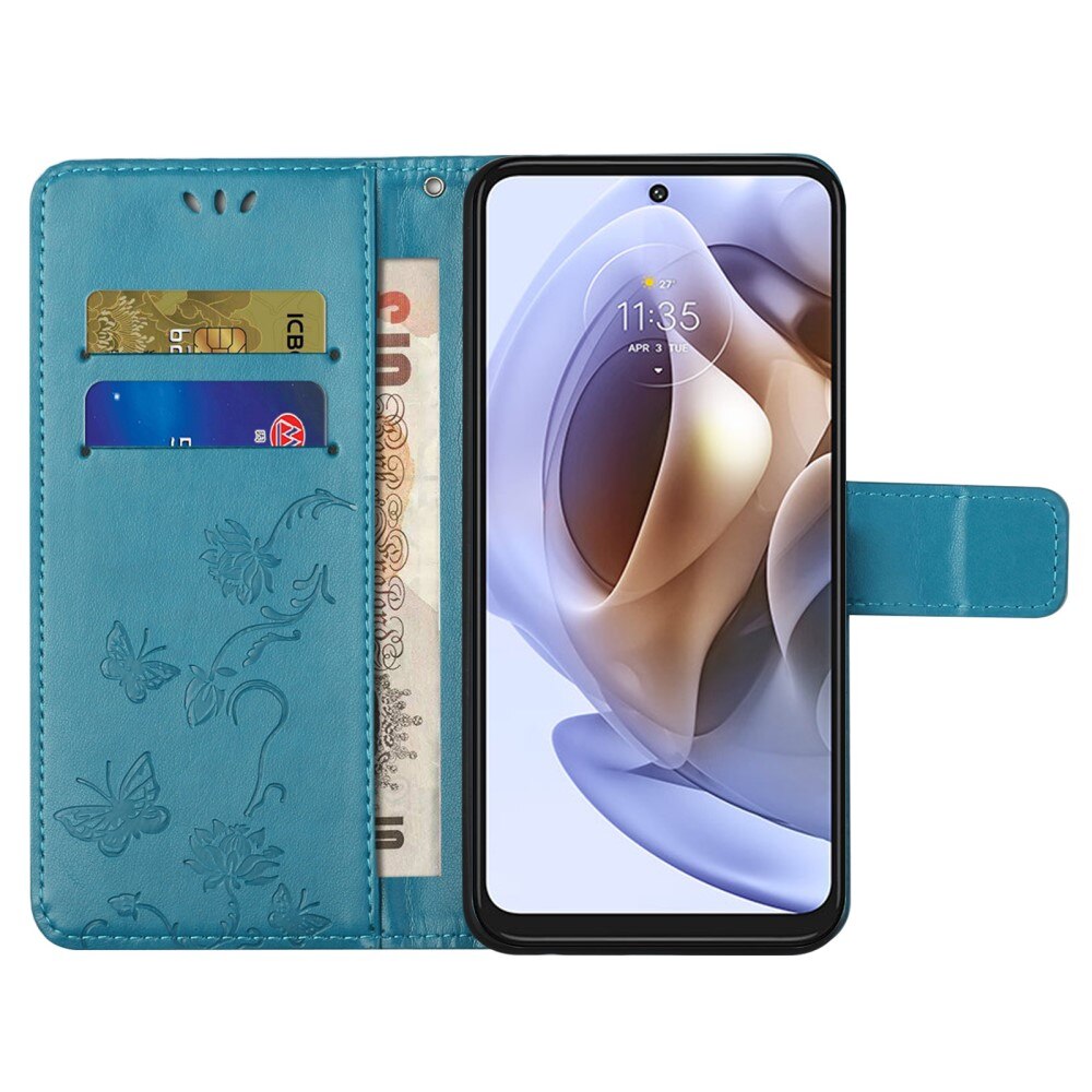 Étui en cuir à papillons pour Motorola Moto G31/G41, bleu