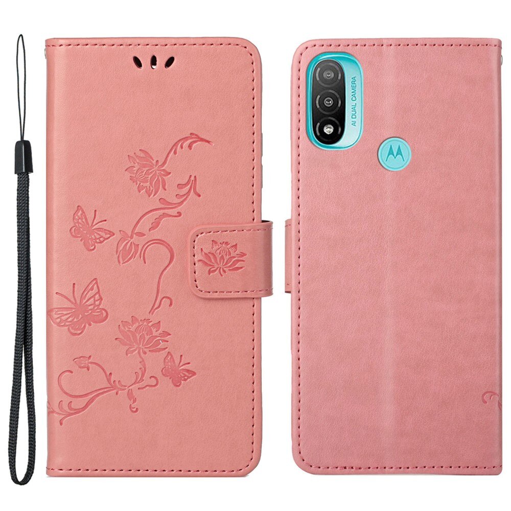 Étui en cuir à papillons pour Motorola Moto E20/Moto E40, Rose