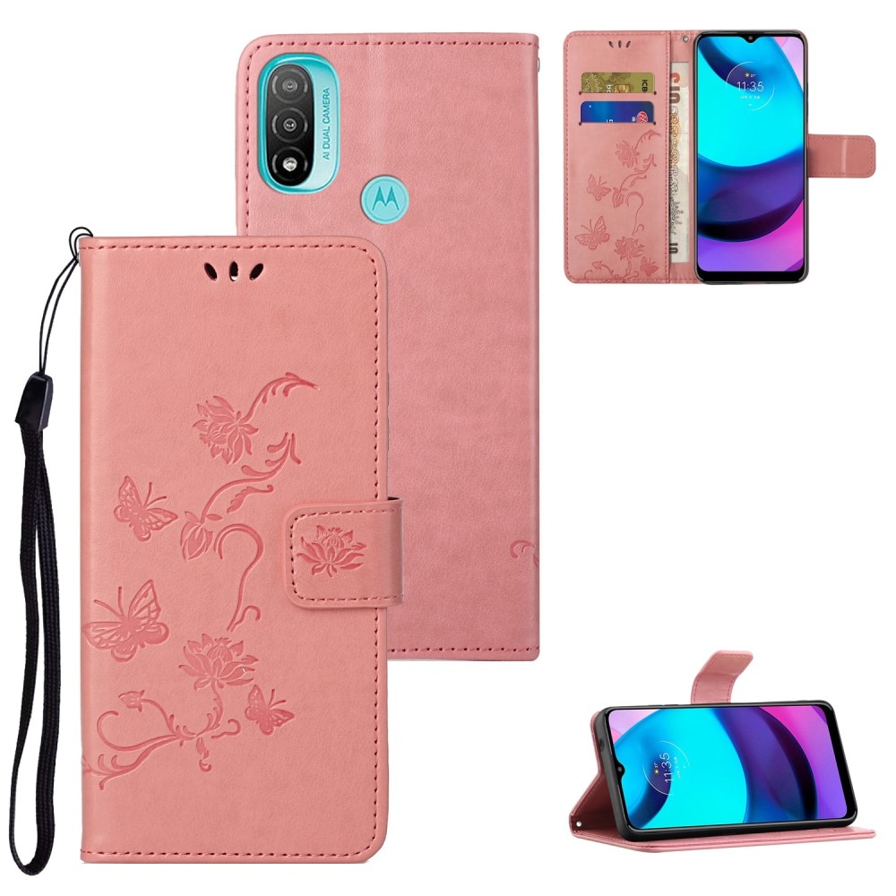Étui en cuir à papillons pour Motorola Moto E20/Moto E40, Rose