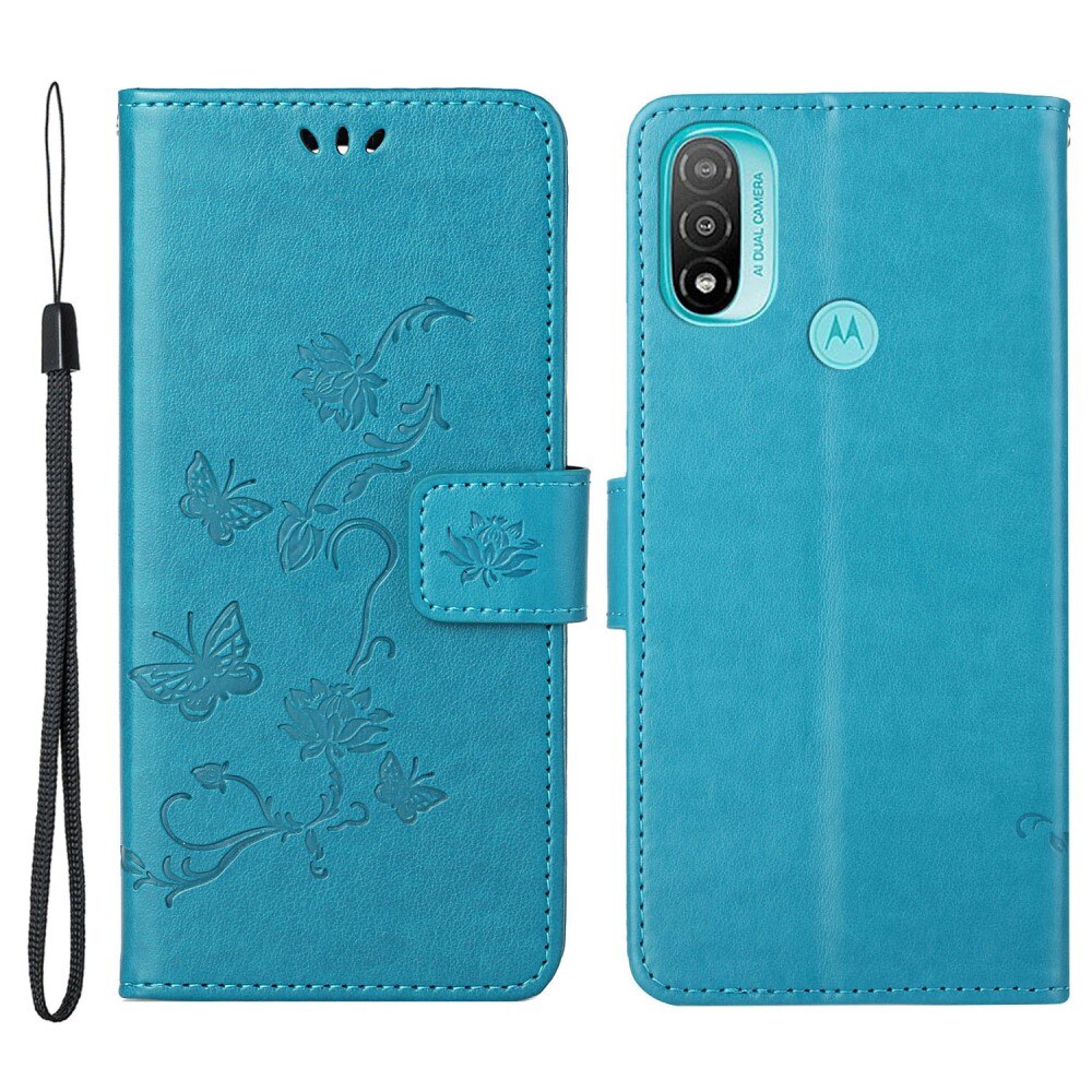 Étui en cuir à papillons pour Motorola Moto E20/Moto E40, Bleu