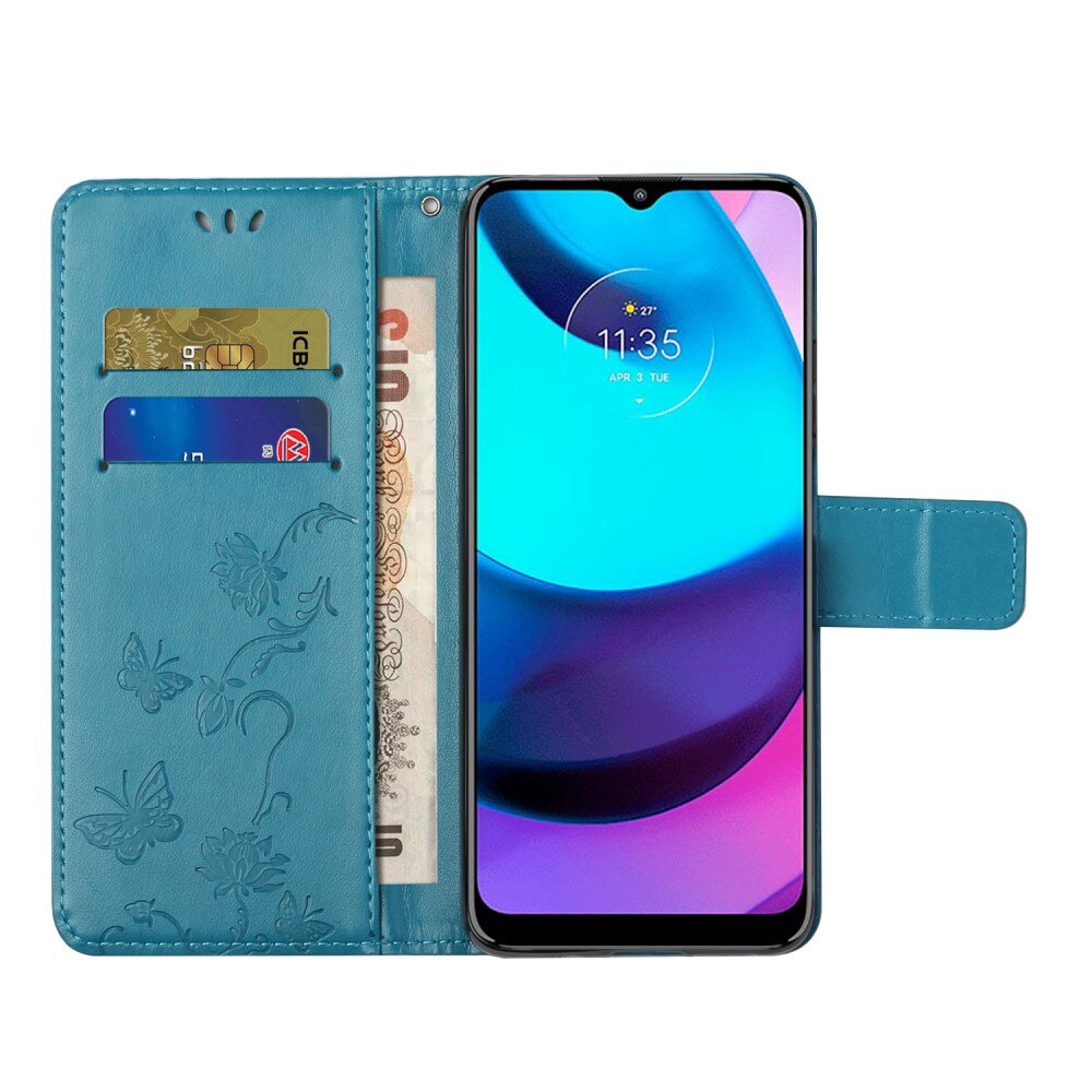 Étui en cuir à papillons pour Motorola Moto E20/E30/E40, bleu