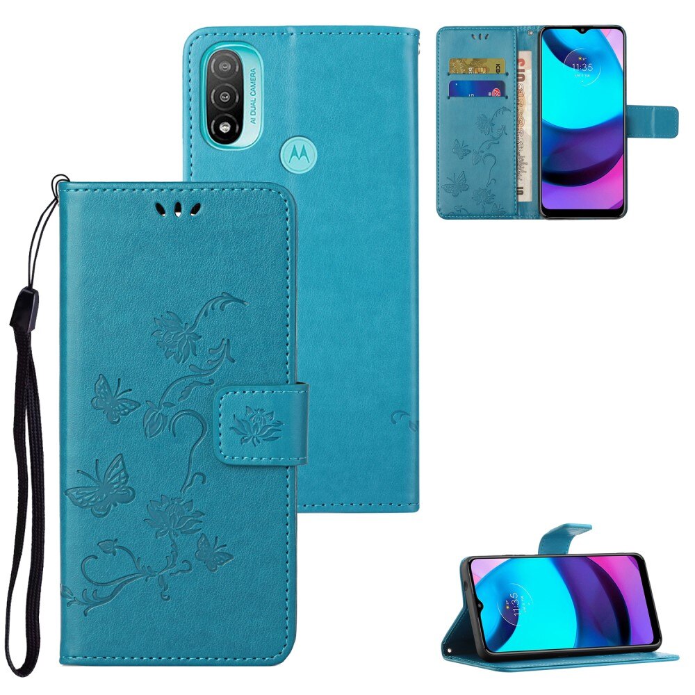 Étui en cuir à papillons pour Motorola Moto E20/Moto E40, Bleu