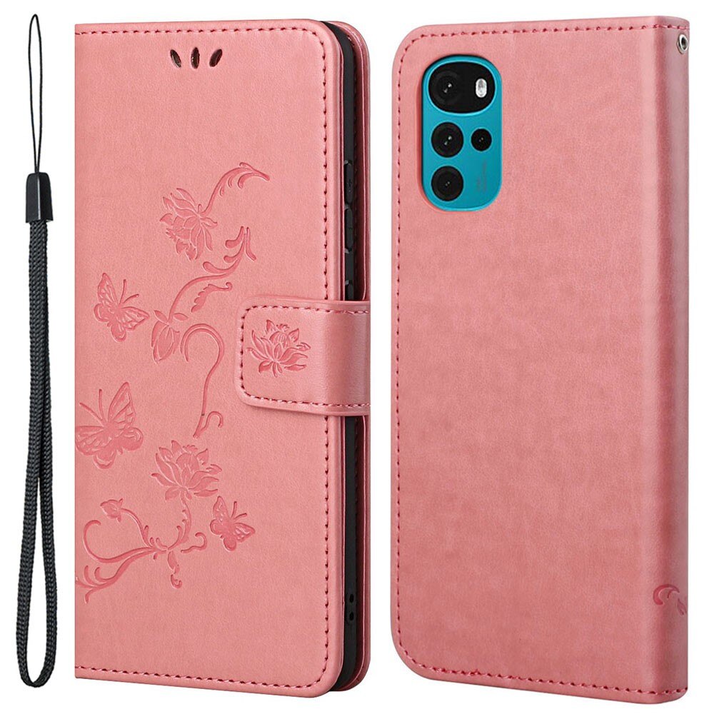 Étui en cuir à papillons pour Motorola Moto G22, Rose